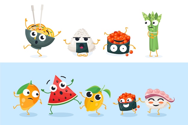 Lustige Sushi- und Fruchtcharaktere - Satz lokalisierte Vektorillustrationen auf weißem und blauem Hintergrund. Hochwertige Sammlung von Cartoon-Emoticons, die verschiedene Emotionen und Gesichtsausdrücke zeigen