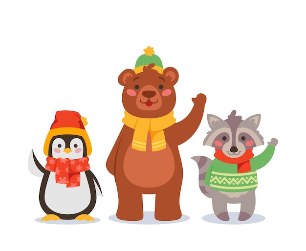 Vektor lustige weihnachtstiere, die mit den händen winken, zeichentrickfiguren pinguin, bär und waschbär tragen winterpullover und schals