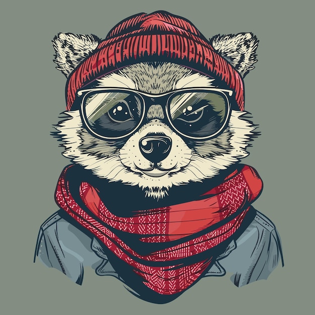 Lustige zeichentrickfilm-raccoon-vektorillustration hipster-tier in kleidung