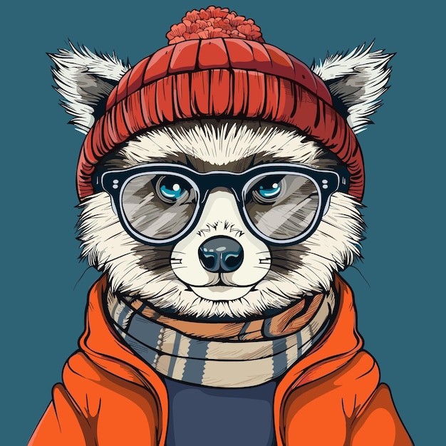 Vektor lustige zeichentrickfilm-raccoon-vektorillustration hipster-tier in kleidung