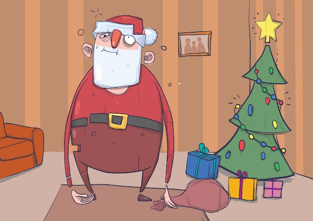 Vektor lustiger betrunkener weihnachtsmann mit einer tasche steht in einem raum mit geschmücktem weihnachtsbaum und geschenken.