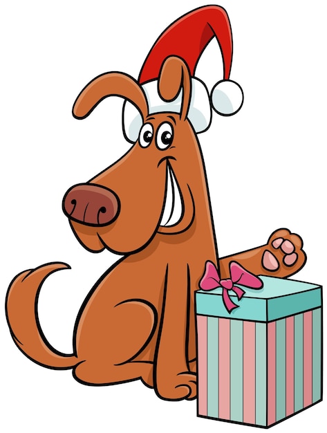Vektor lustiger cartoon-hund mit geschenk zur weihnachtszeit