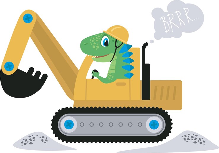 Lustiger Dinosaurier, der einen Bagger fährt und einen Dino-Charakter gräbt