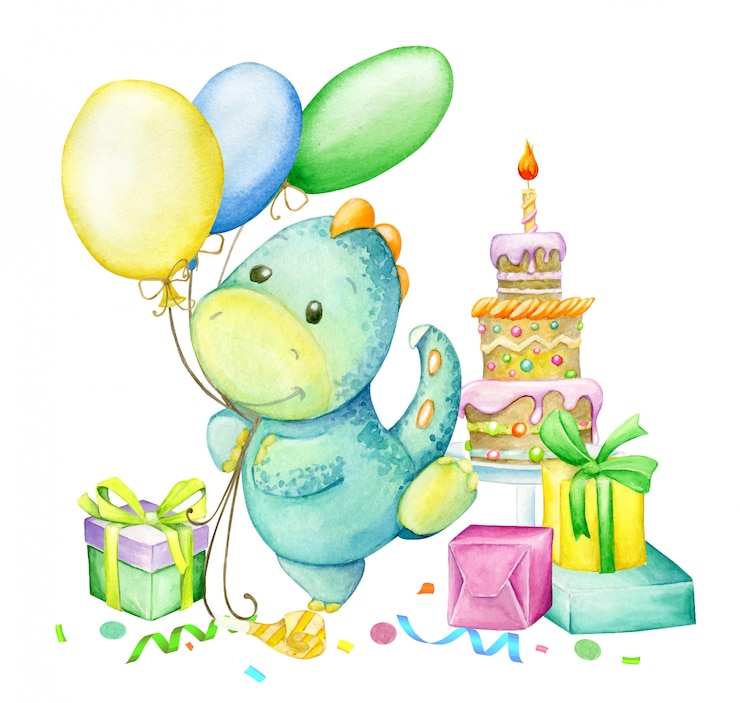 Vektor lustiger dinosaurier, tanzend mit luftballons, auf dem hintergrund, kuchen, geschenke. aquarell, zum geburtstag.