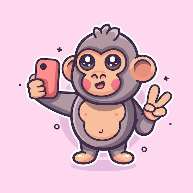 Vektor lustiger gorilla-tiercharakter-maskottchen, der ein selfie mit einem smartphone macht, isolierter cartoon