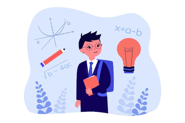 Lustiger intelligenter schüler mit brille und mathematischen gleichungen. genialer junge, der in der schule flache vektorgrafiken studiert. mathematik, studium, wissenschaftskonzept für banner, website-design oder landing-webseite