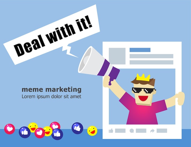 Lustiger junger mann mit pixelbrille von deal with it meme auf social media marketing-konzept