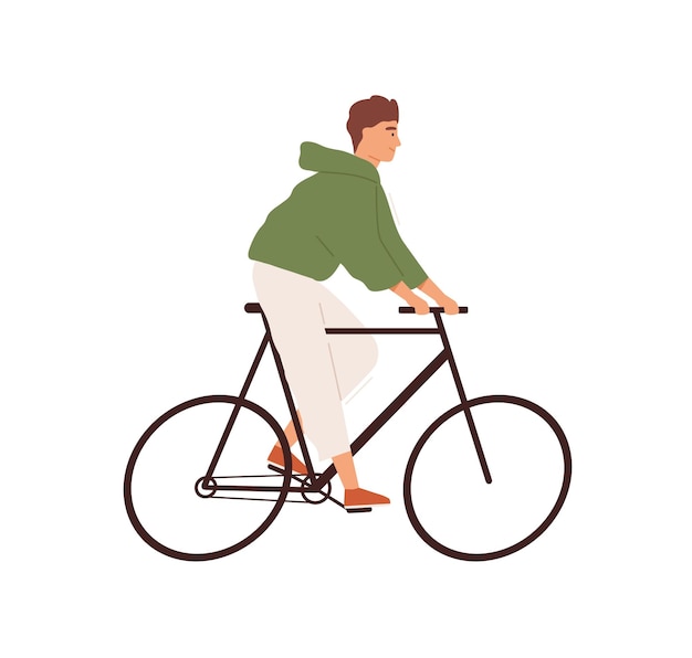 Lustiger mann, der straßenfahrrad fährt, flache illustration des vektors. fröhliche männliche fahrt mit dem städtischen, umweltfreundlichen personentransport, isoliert auf weiß. lächelnder typ radfahren, outdoor-aktivitäten genießen.