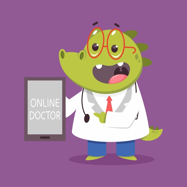 Lustiger medizinischer charakter des online-doktorkrokodils der kinder lokalisiert auf hintergrund.