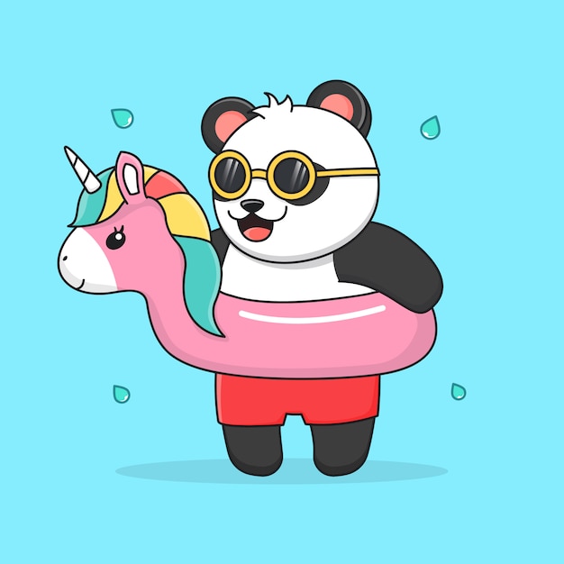 Lustiger panda mit einhorn aus schwimmgummi und sonnenbrille