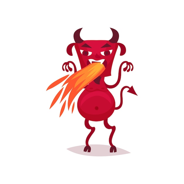 Lustiger Teufel mit Hörnern und Schwanz, der heiße Flamme ausatmet, rote Dämonenzeichentrickfigur, Vektorgrafik auf weißem Hintergrund