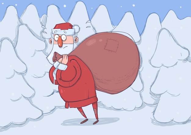 Lustiger verwirrter weihnachtsmann mit großer tasche der geschenke im verschneiten fichtenwald. der weihnachtsmann sieht verloren, verlegen und verwirrt aus. horizontale darstellung. zeichentrickfigur.