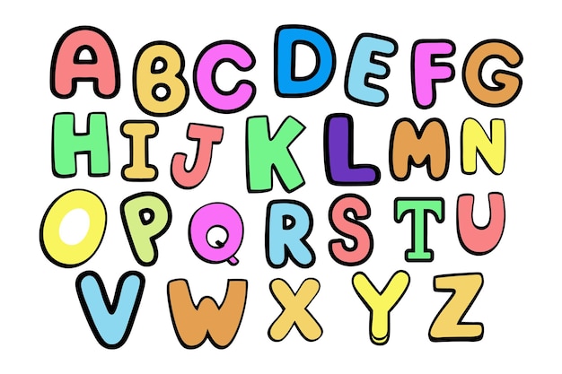 lustiges buntes Alphabet-Poster für Kinder mit Zeichentrickbuchstaben