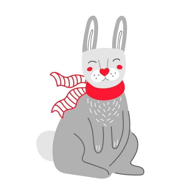 Lustiges cartoon-kaninchen in rotem schal während der weihnachtsferien