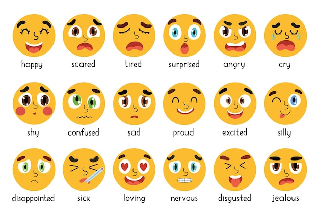 Vektor lustiges emoji-set verschiedene emotionale ausdrücke bündeln die emoticon-sammlung mit gelben kreisgesichtern