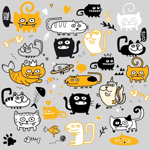 Lustiges gekritzel-katzen-set. hand gezeichnete illustration