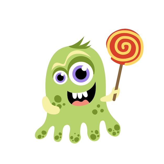 Lustiges grünes Monster mit Süßigkeiten Lutscher Flacher Cartoon-Vektor