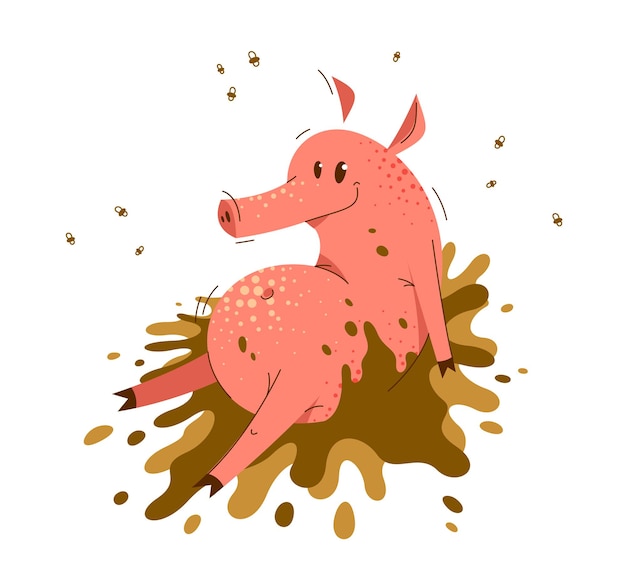 Lustiges karikaturschwein sitzt in der schmutzvektorillustration, tätigkeit glücklich, tierschweincharakterzeichnung genießend.