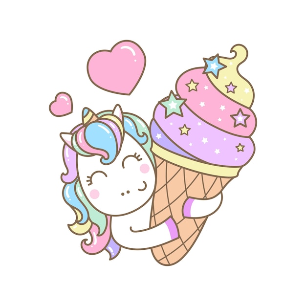 Lustiges Kawaii-Einhorn hält Eis im flachen Stil auf weißem Hintergrund für die Gestaltung von Drucken, Postern, Karten, Aufklebern, Abzeichen usw. für Kinder. Vektorillustration