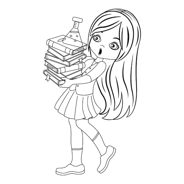 Lustiges Schulmädchen mit Büchern zum Ausmalen