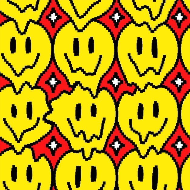 Lustiges trippy lächeln schmelzen gesicht pixel-kunst-symbol. vektor-doodle-cartoon-grafik-illustration-design. trippy smile face, psychedelisch, techno-pixel-kunst, 8-bit, 16-bit-druck für poster, t-shirt-konzept