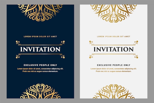 Luxuriöse königliche weinlese-verzierungsart-einladungskarte mit rahmen für goldene und schwarze schablone des hochzeitsfeiereinladungsgeburtstags