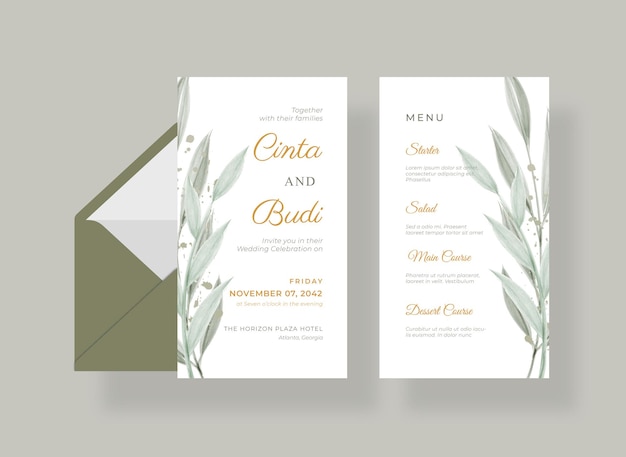 Luxuriöse und schöne Hochzeitskarte mit Aquarellblättern