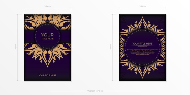 Luxuriöse violette rechteckige postkartenvorlage mit indischem mandala-ornament elegante und klassische vektorelemente bereit für druck und typografie