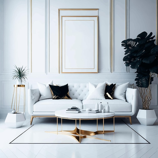 Luxuriöse wohnzimmereinrichtung mit weißen wänden, holzboden, bequemes sofa mit goldenen kissen und couchtisch. posterrahmen-attrappe, vektorillustration