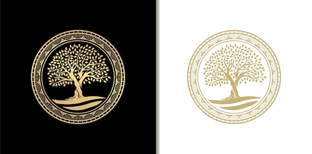 Luxus Eiche Stempel, Abzeichen oder Kreis Rahmen Logo mit Fluss, See oder Wasser. Goldene Farbverlaufsfarbe