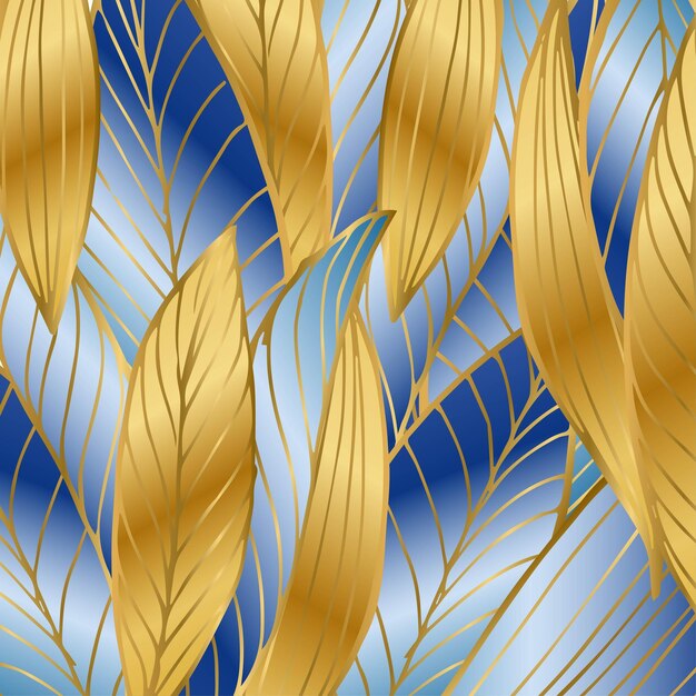 Luxus Gold und hellblauer Hintergrund Vektor Blumenmuster Goldene Fantasie Blatt Pflanze Strichzeichnungen Vektor-Illustration