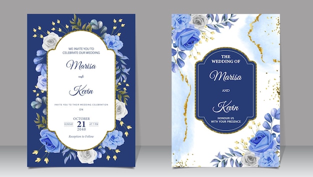 Luxus-Hochzeitseinladung mit blauen Blumen und Goldglitter