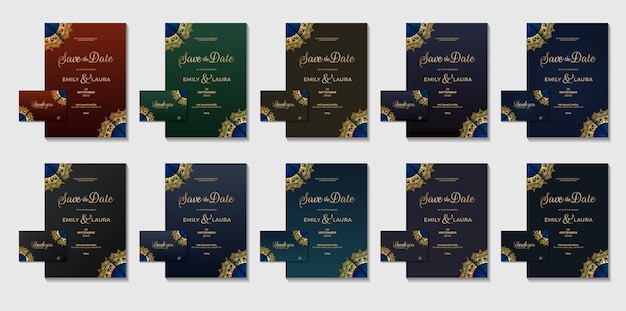 Luxus-hochzeitseinladungskarten-design mit set-kollektion mit farbvariationen flyer-karten-vektorvorlage