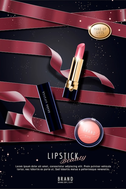 Luxus-lippenstift-anzeigen mit roten bändern und goldstaubeffekt