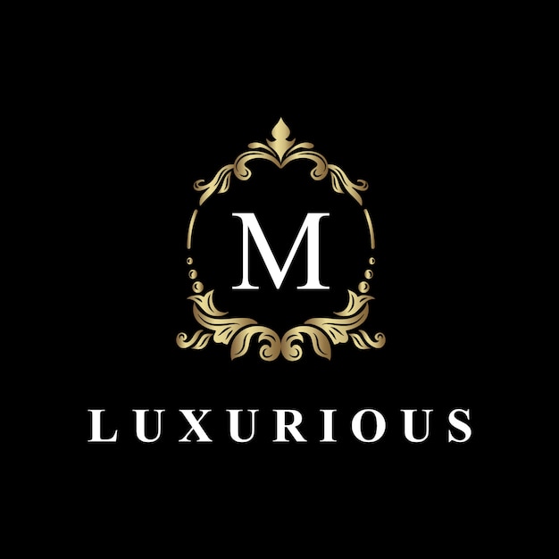 Luxus-logo-design mit monogramm buchstabe m, goldene farbe, luxus gedeihen