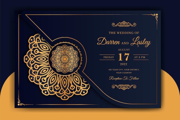 Luxus-mandala-hochzeitseinladungskartenvorlage mit arabesken mustern auf arabisch-islamischem hintergrund