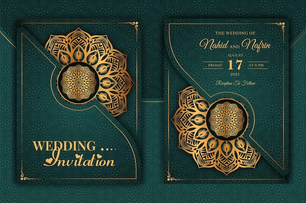 Luxus-mandala-hochzeitseinladungskartenvorlage mit goldenem arabeskenmuster arabisch-islamischer ost-hintergrundstil editierbare vektordatei dekoratives mandala für print-poster-cover-flyer-banner