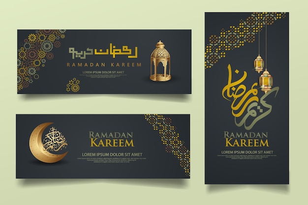 Luxus und elegante banner set vorlage, ramadan kareem mit kalligraphie islamisch, halbmond, traditionelle laterne und moschee muster t