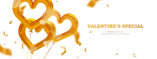 Luxus-valentinstag-feierbanner mit realistischem herzförmigem goldfolienballon und konfetti