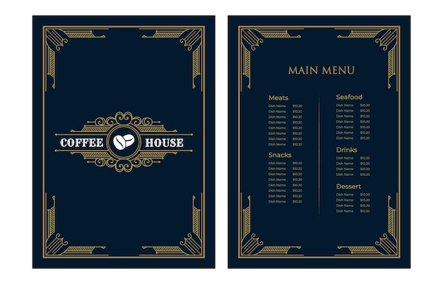 Luxus-vintage-restaurant-menükarten-vorlage mit logo für hotel-café-bar-café