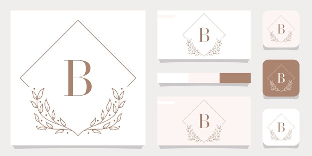 Luxusbuchstabe b-logoentwurf mit blumenrahmenschablone, visitenkartenentwurf