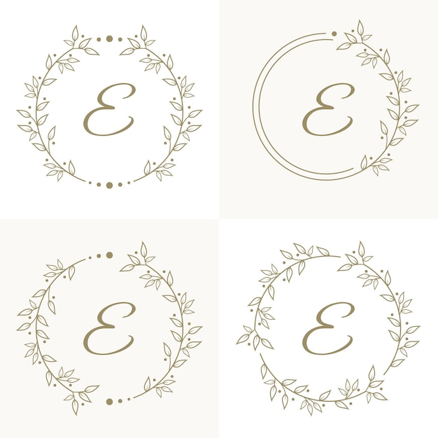 Luxusbuchstaben e-logoentwurf mit blumenrahmenhintergrundschablone