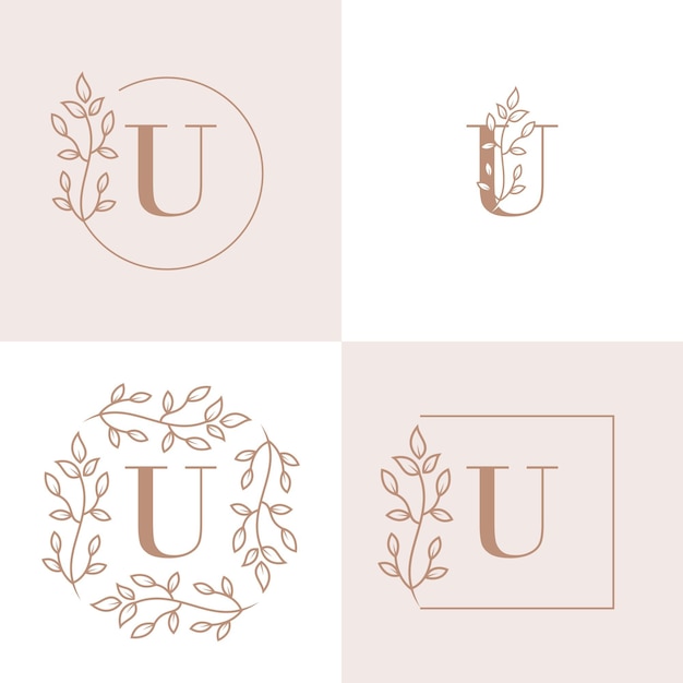 Vektor luxusbuchstaben-u-logoentwurf mit blumenrahmenhintergrundschablone