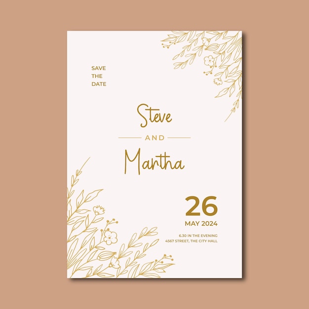 Vektor luxushochzeitseinladungskarte goldene florale handgezeichnete blattverzierung