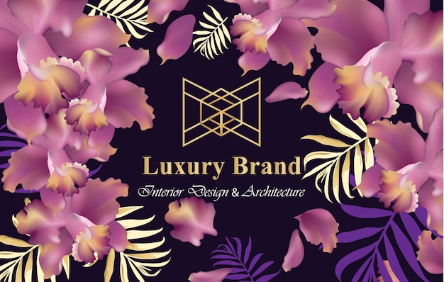 Luxuskarte mit orchidee blüht vektor. schöne illustration für markenbuch, visitenkarte oder plakat. rosa hintergrund. platz für texte