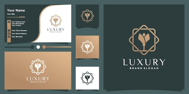 Luxuslogo mit linienkunstblumenkonzept und visitenkartendesign premium-vektor