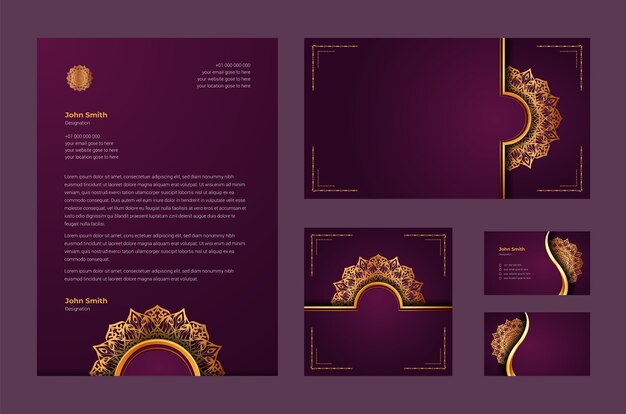 Luxusmarkenidentität oder stationäre designvorlage mit luxuriöser dekorativer mandala-arabeske, visitenkarte, briefkopf