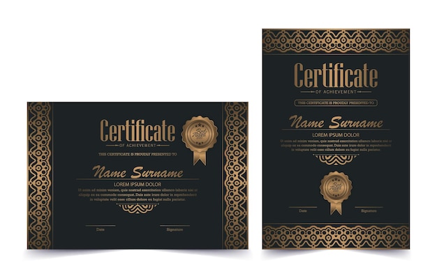 Luxuszertifikat in Schwarz und Gold mit goldener Rahmenfarbe