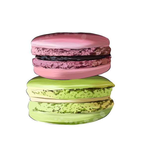 Macaron italienische makkaroni-torte französische konfekt aus bunten farben spritzer aquarell