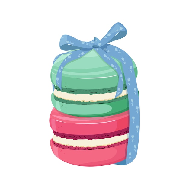 Macaroons unterschiedlicher Geschmacksrichtungen und Farben, die mit einer Schleife auf einem isolierten Hintergrund gebunden sind